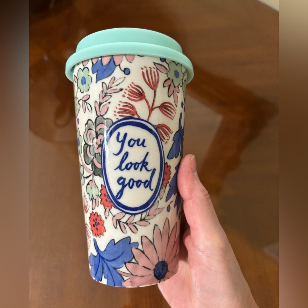 Molly Hatch You Look Good ceramic travel mug w silicone lid from Anthropologie